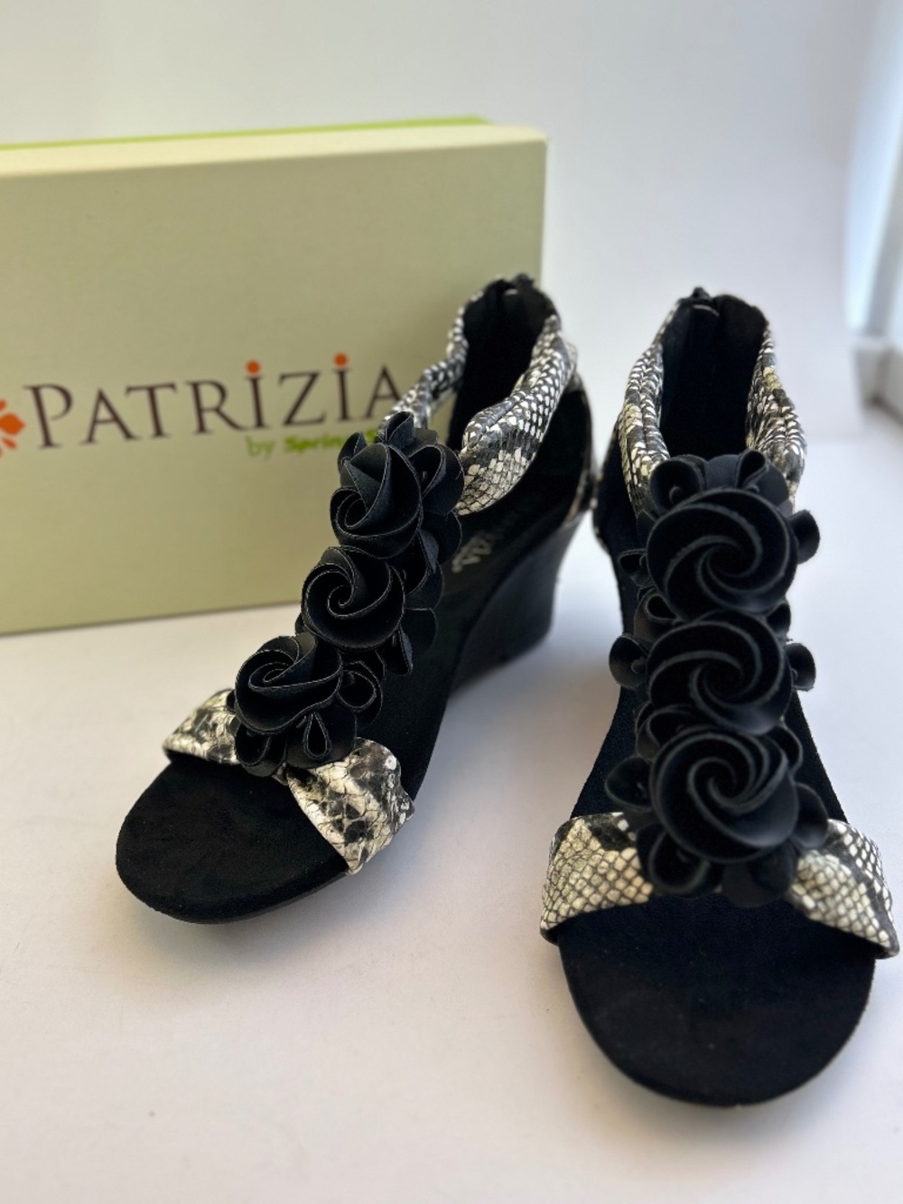 Black Python Rosette Wedge Sandal